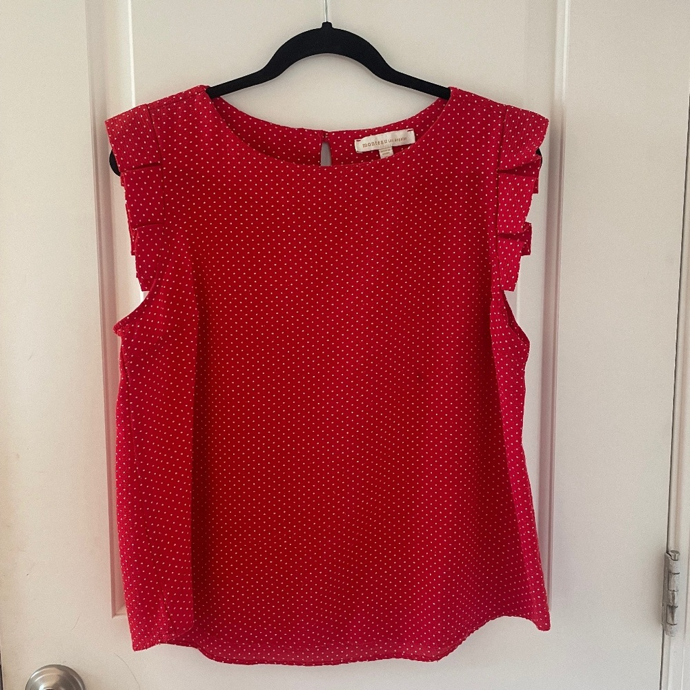 Red and White Polka Dot Blouse, Sleeveless with Ruffle detain, size XL